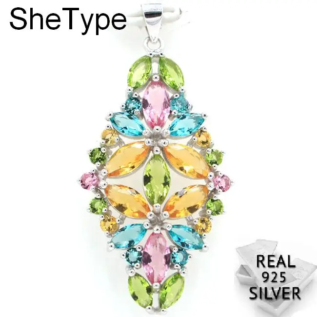 

5.6g Deluxe Multi Color Pink Tourmaline Citrine Aquamarine Peridot Ladies 925 Solid Sterling Silver Pendant 46x23mm