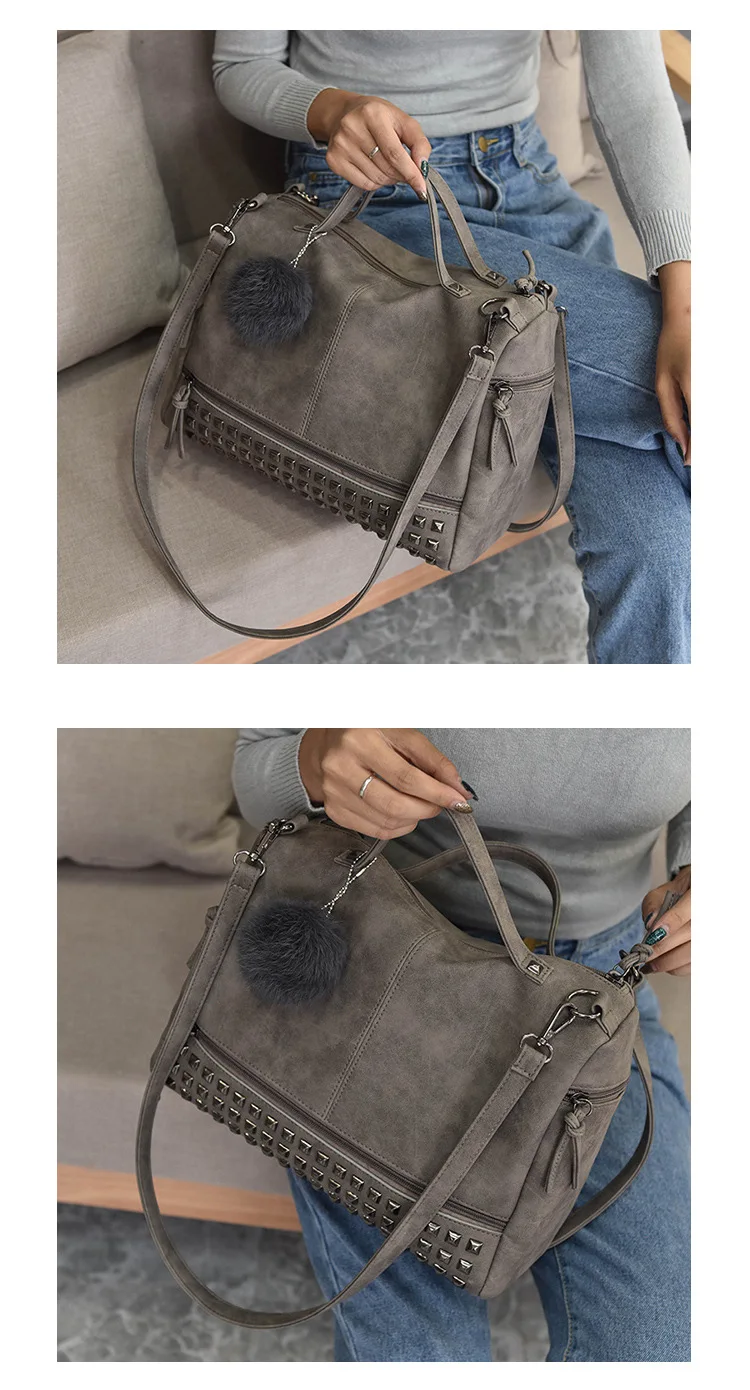 MJ Brand Design Women Handbag Fashion Suede Leather Top-Handle Bags Hair Ball Rivets Shoulder Bag Large Motorcycle Messenger Bag (15)