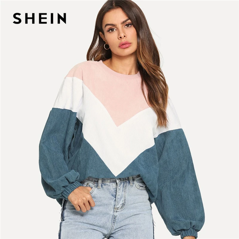 SHEIN Multicolor Cut and Sew Chevron Sweatshirt Preppy Round Neck Bishop Sleeve Pullovers Women Aut