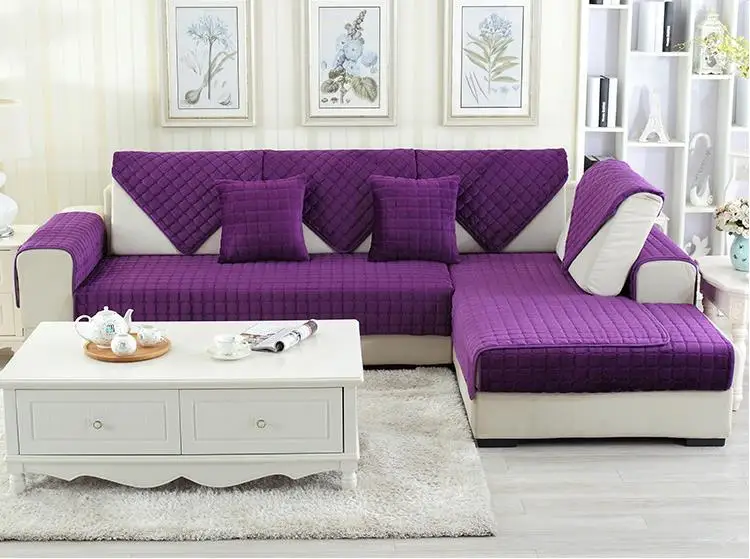 Solid plush corner sofa cover Modern Anti-slip sofa bed covers sectional slipcovers sofa protector couch covers for living room - Цвет: Purple