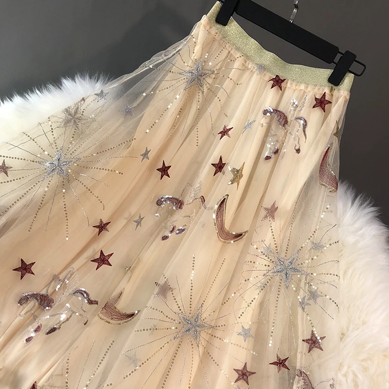 Великолепная абрикосовая сетчатая длинная юбка со звездами, Луной и птицами с блестками, юбки с вышивкой, женские юбки faldas mujer moda 80187