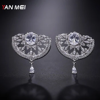 

YANMEI Fan Crystal Stud Earrings For Women Half Circle Full Rhinestone Earring Fashion Jewelry YME8098