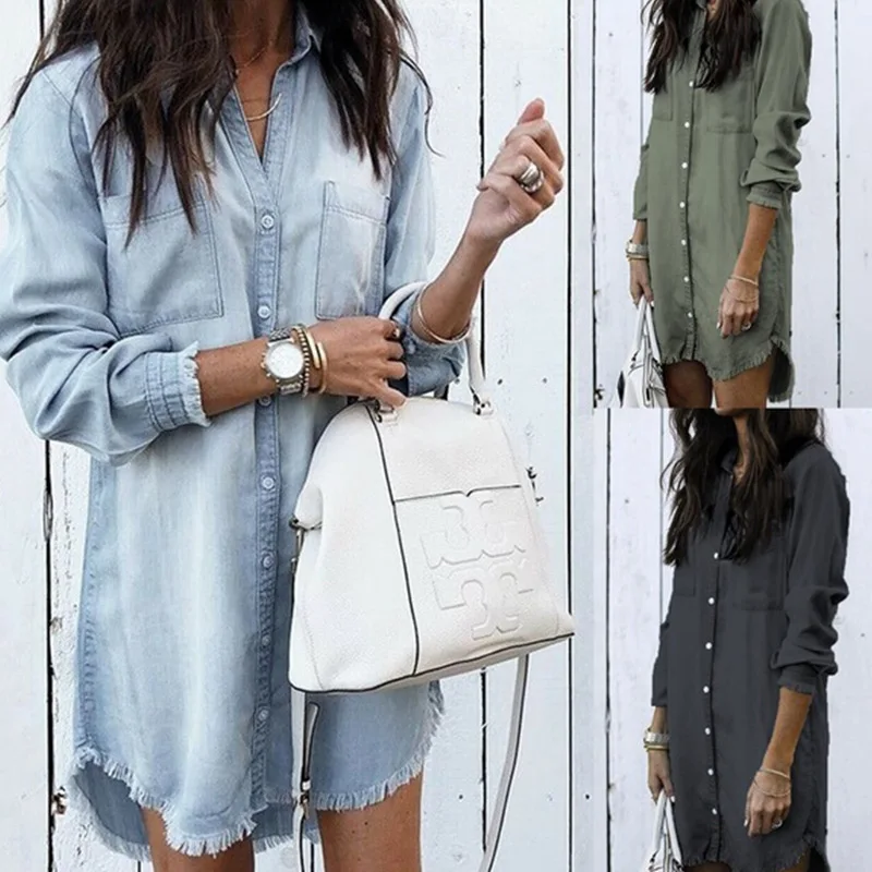  Women Long Sleeve Jean Blouse Denim Shirt Dress Female Plus Size Turndown Shirts Summer Lady Casual