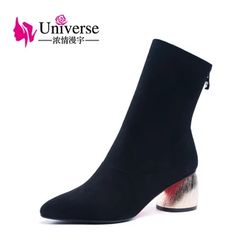 

Universe mature flock mid-calf boots warm plush zip pointed toe shinning high heels ladies black winter boots women shoes H205