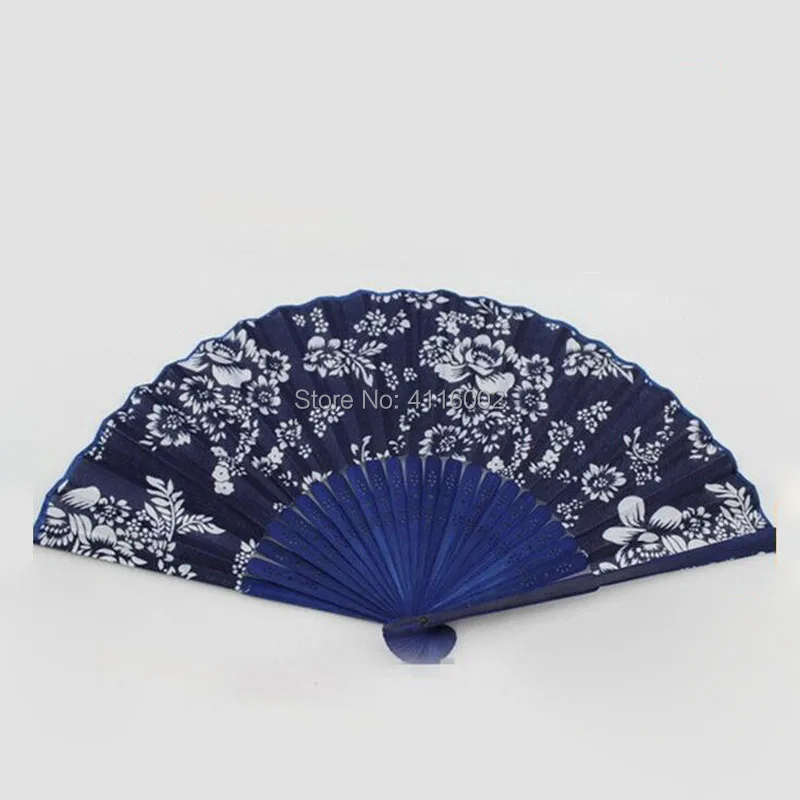 

200pcs Wedding Favors Gift Printing Flower Blue Cloth Folding Hand Craft Fan Classical Chinese Craft Party Gifts