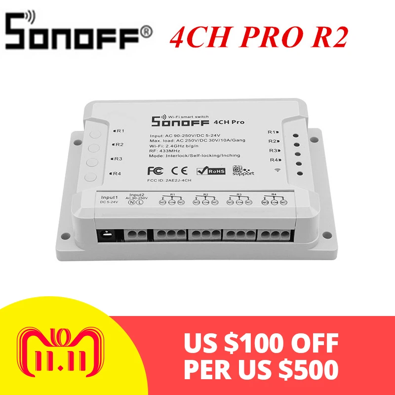 

Sonoff 4CH Pro R2 Smart Wifi Switch Home 433MHz RF Wifi Light Switch 4 Gang 3 Working Modes Inching Interlock With Alexa
