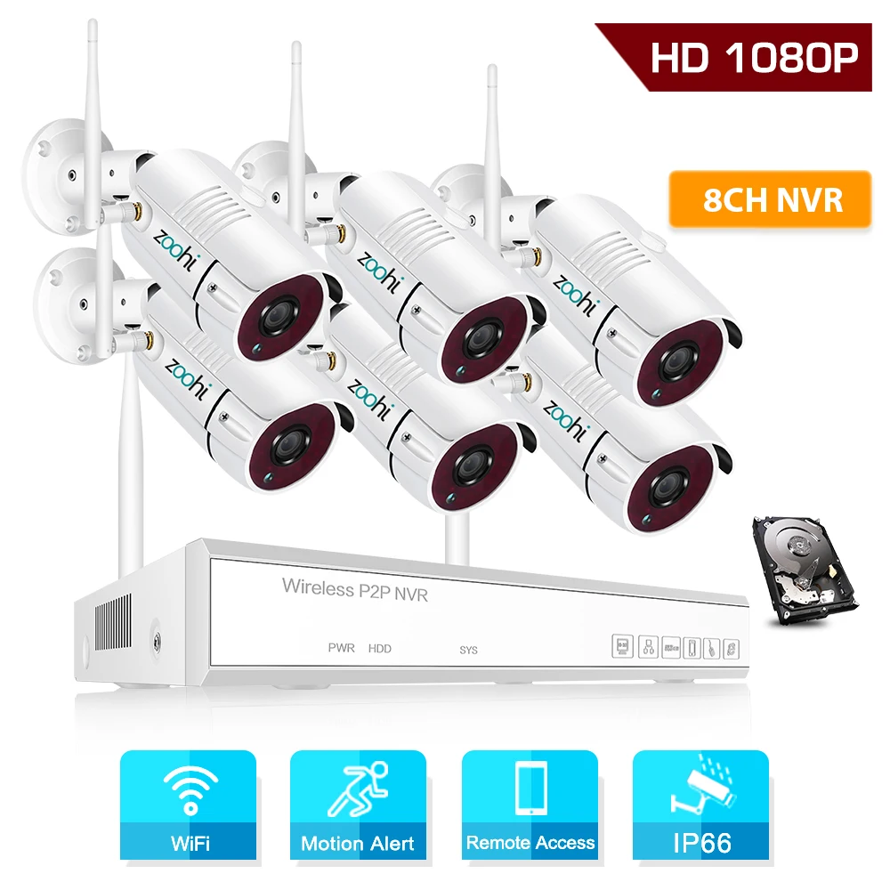 Zoohi 1080P HD Wireless Security Camera System 6CH 2.0MP WiFi Video Surveillance Camera System Kits IP66 Outdoor Night Vision Zoohi 1080P HD Wireless Security Camera System 6CH 2.0MP WiFi Video Surveillance Camera System Kits IP66 Outdoor Night Vision