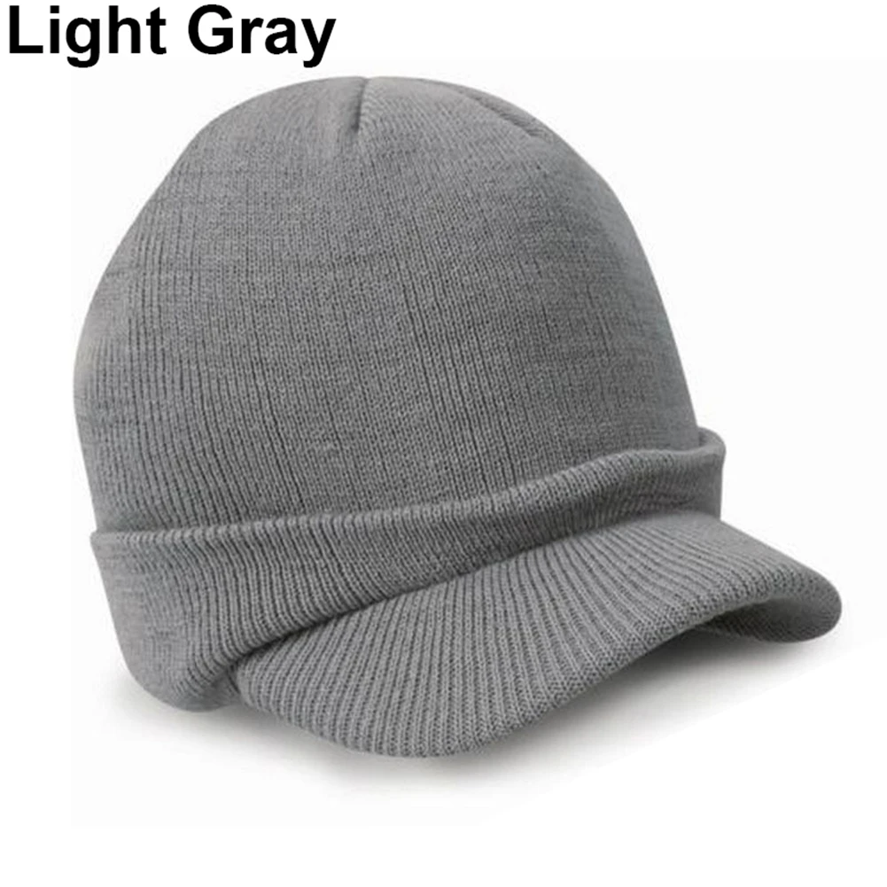 Men Stylish Knit Visor Brim Beanie Hats Winter Warm Knit Skull Ski Cap Gray