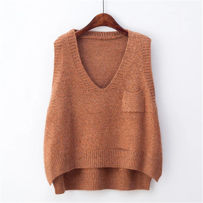 Deep V Neck Sweater Vest For Women Preppy Style Retro Oversize Knitted Tops With Pocket Female Sleeveless Pullover Vest LQ24 - Цвет: khaki vest