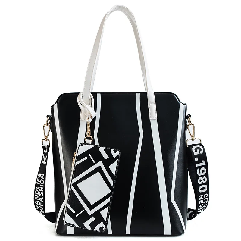 

2018 New Arrival Big Capacity Black White Women Casual Tote Letter Straps Handbag Composite Bag Vintage Shoulder Bag Messenger
