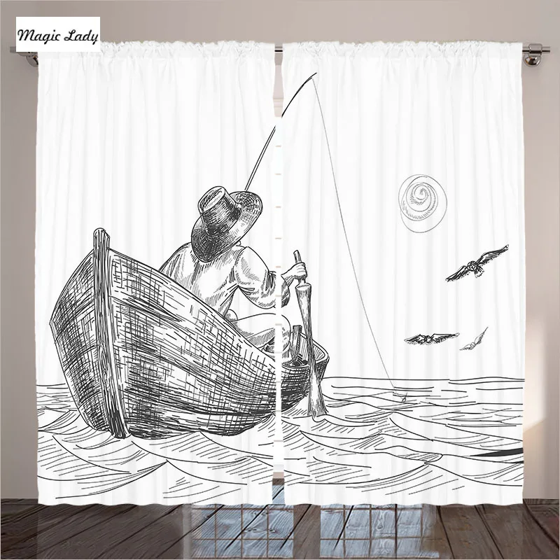Gray Curtains Living Room Bedroom Fisherman Hat Boat Sunny