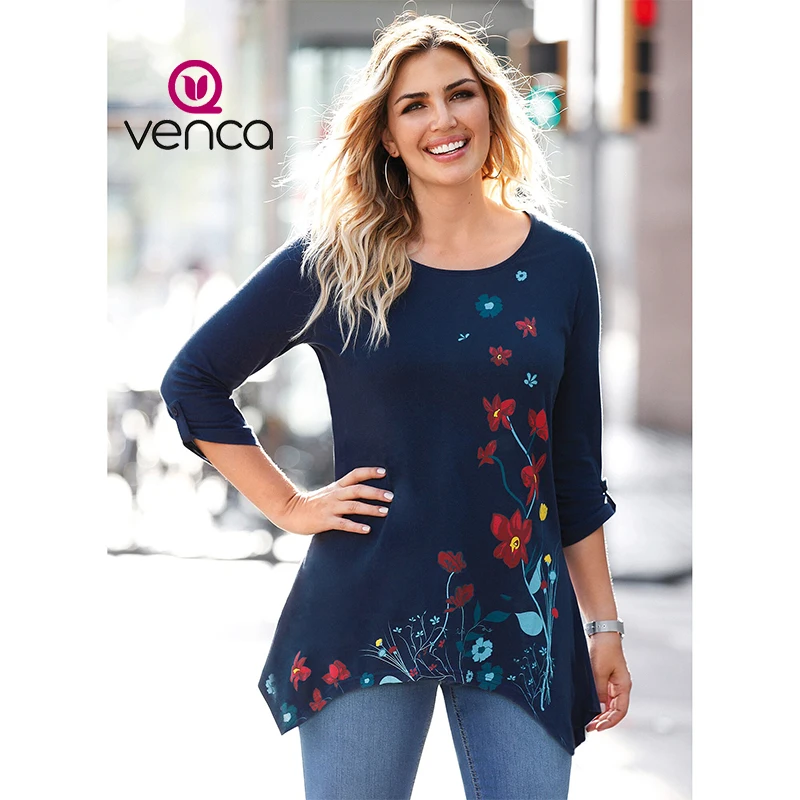 

Woman's plus size T-shirt with a print on the front and pointy hem - 017652 T-SHIRT WOMAN WOMEN T-SHIRT 3/4 SLEEVE
