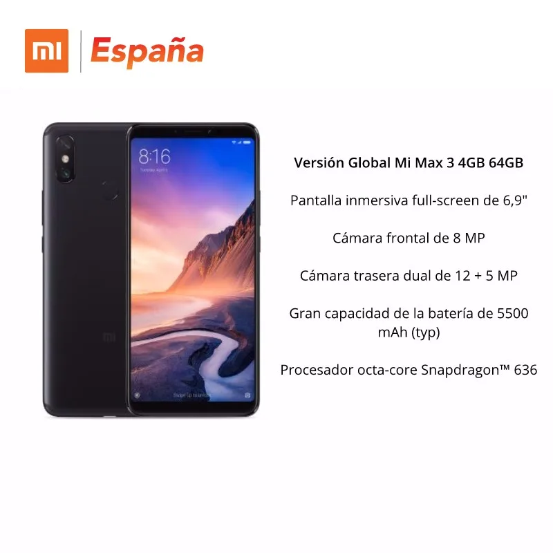 [Global Version for Spain] Xiaomi Mi Max 3 (Memoria interna de 64GB, RAM de 4GB, Bateria de 5500 mAh, Pantalla de 6,9\