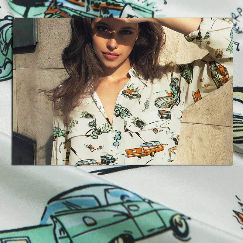 Мультфильм Стиль автомобиль печати белый база чистого шелка крепдешин ткань, Вышивание для рубашки, блузка, платье, юбка, ремесло по двору