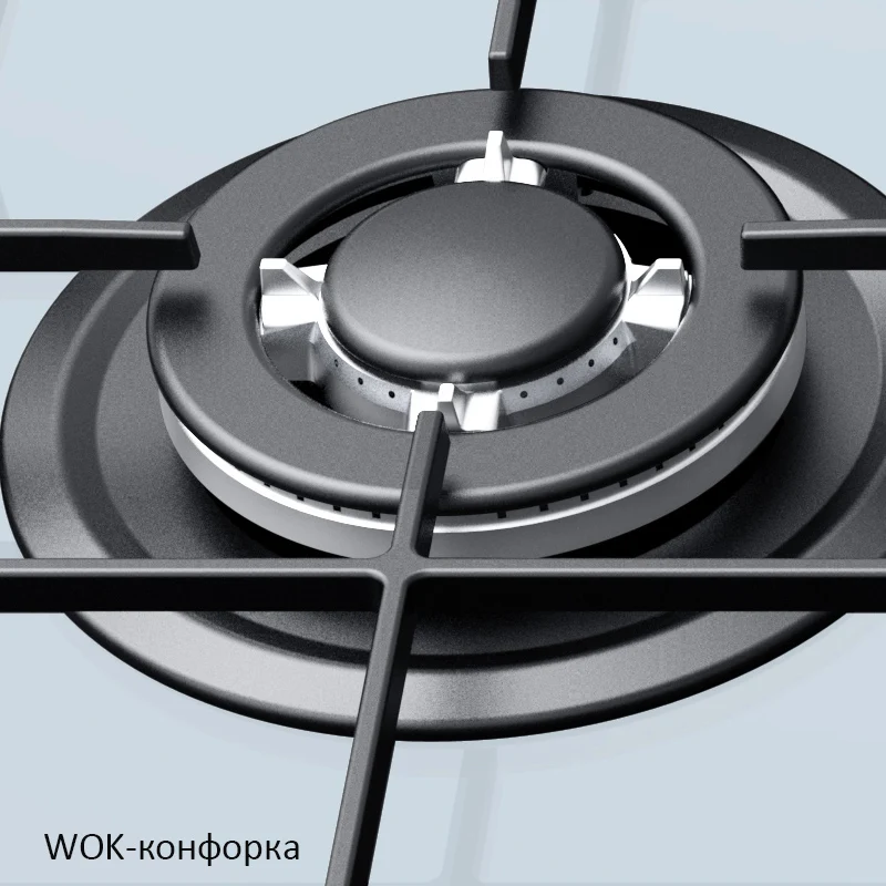 Встраиваемая варочная панель HIBERG VM-9055 W, ширина 90 см, 5 газовых конфорок, чугунные решетки, WOK конфорка, автоматический электро-поджиг, газ на стекле