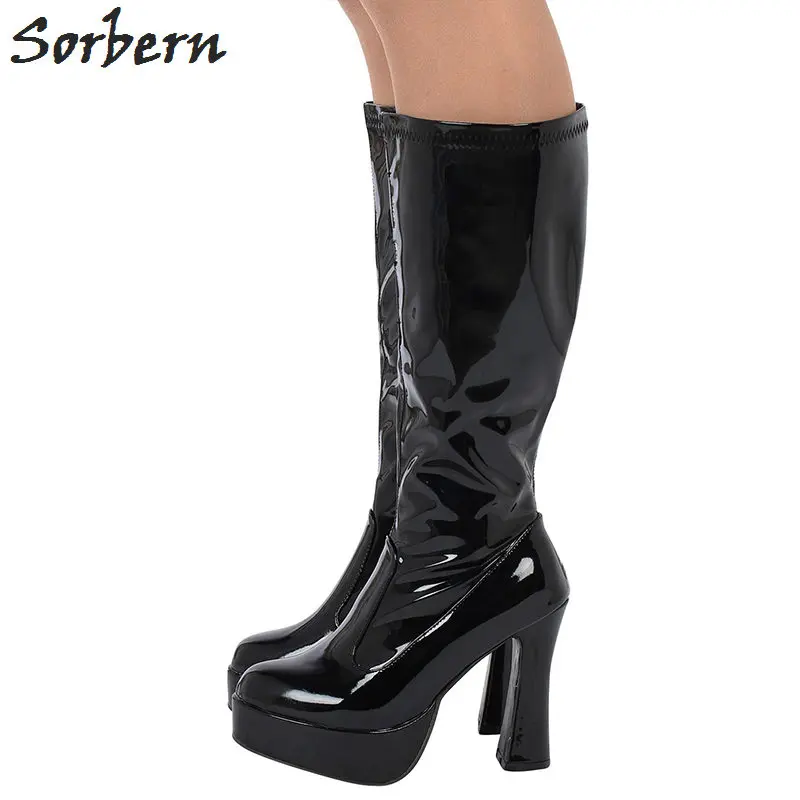 

Sorbern Knee Length Women Boots Patent Leather 12cm Strange Style Heels Custom Color Fashion Ladies Party Boots Gay Dance Boots