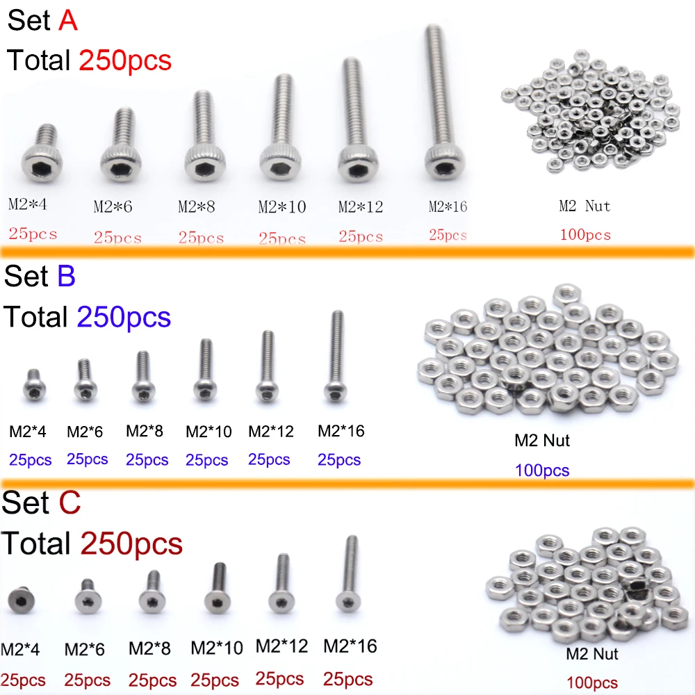 250pcs M2(2mm) A2 Stainless Steel Allen Bolts With Hex Nuts Screws
