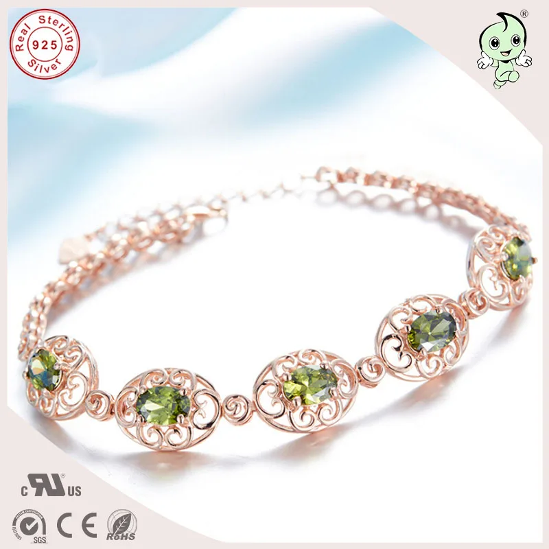 

High Quality Beautiful Gift Pink Gold Silver Jewelry Olive Colour Stone 925 Real Silver Bracelet For Lady