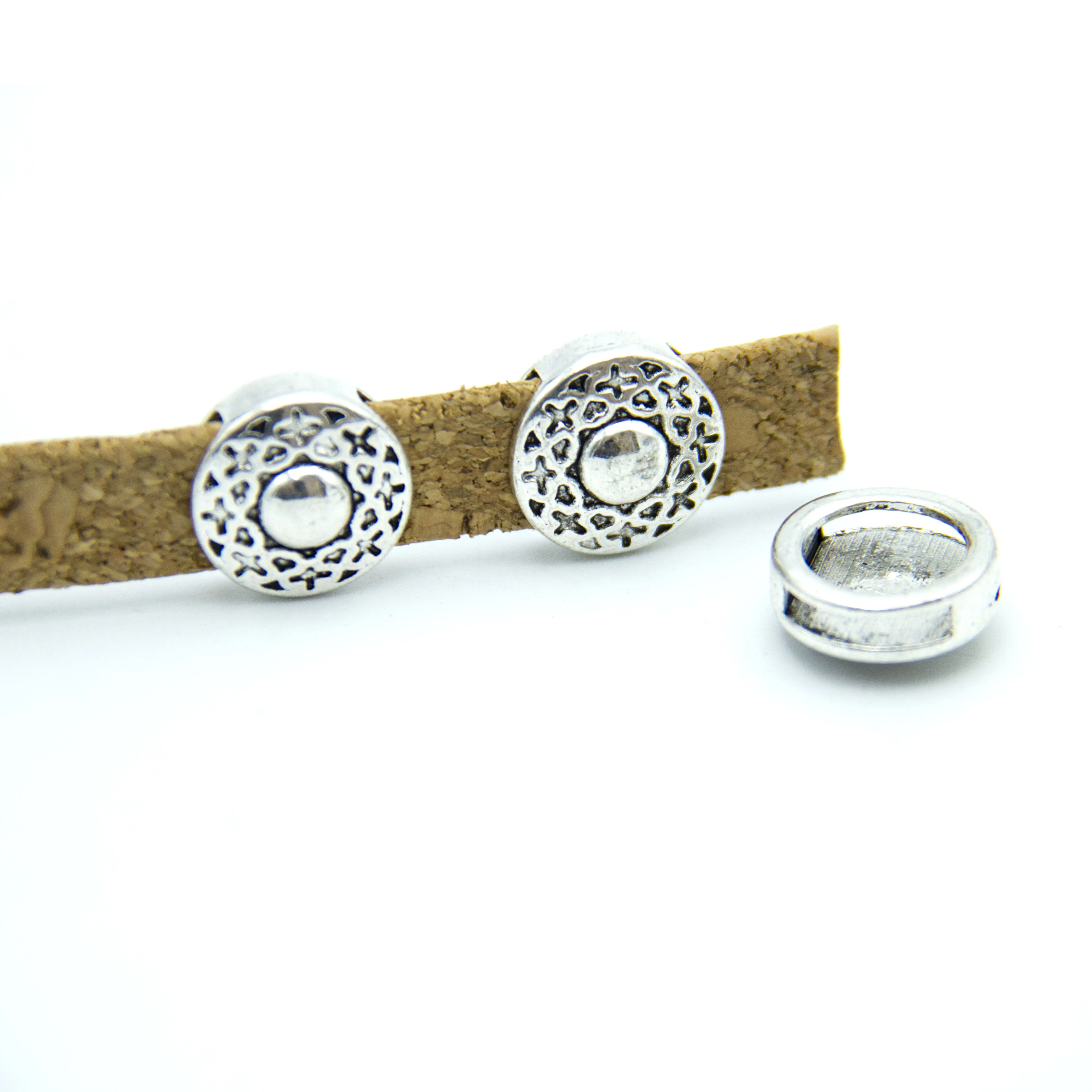 

Jewelry finding for flat leather,10 pcs 10 mm round patterned bead in Zamak D-1-10-167