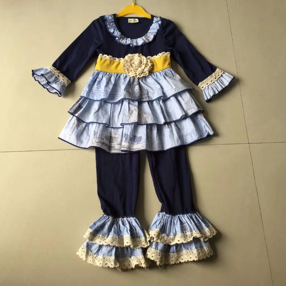 

2017 Fall 100%Cotton Boutique Clothes Mustard Yellow Flower Ruffle Trim Pants Alphabet Print Baby girls sets Apparel Accessory