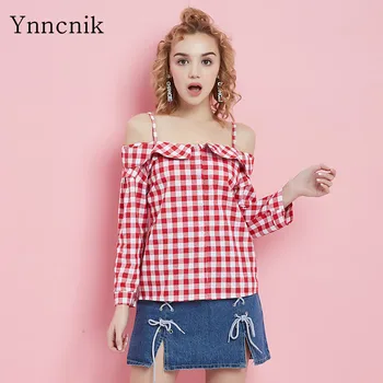 

Ynncnik Off Shoulder Long Sleeve Blouse Women Sexy Sweet Plaid Slash Neck Shirts Female Casual Single Breasted Blusas S1023