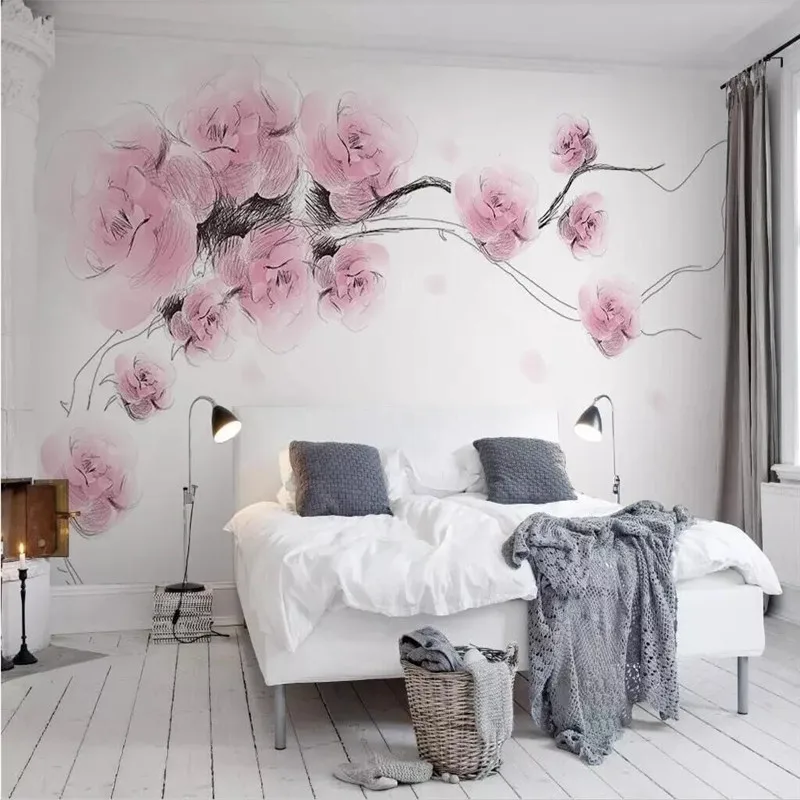 Простая розовая линия эскиз стиль Роза скандинавский ТВ фон стены производитель Обои фреска на заказ фото стены