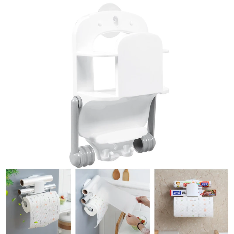 

4 In 1 Kitchen Saran Wrap Storage Holders Three-layer Roll Paper Plastic Bag Racks Tissue Organizer Wall Mounted No Punch Holder