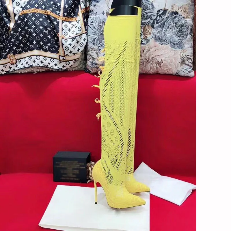 yellow red Del Altas De Sexy Cordón Partido Blanco Verano Toe Recortes Alto Negro Tacón Encaje rose Señora Zapatos Nueva Red Botas Mujeres Black Punta white Cut zwHS11q7