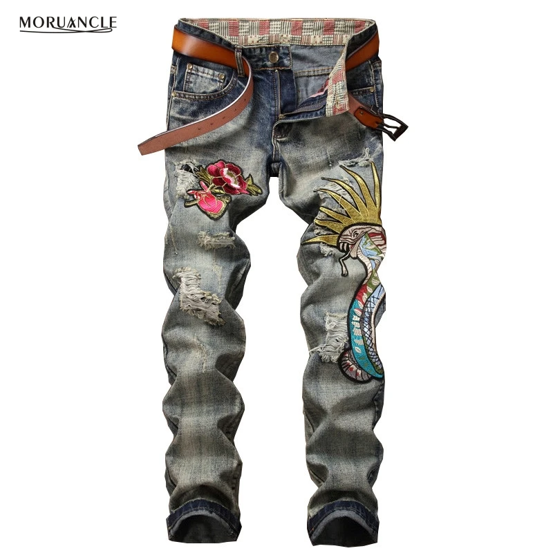 

MORUANCLE Fashion Men's Ripped Embroidered Jeans Pants Novelty Distressed Denim Trousers Flower Snake Embroidery Vintage Color