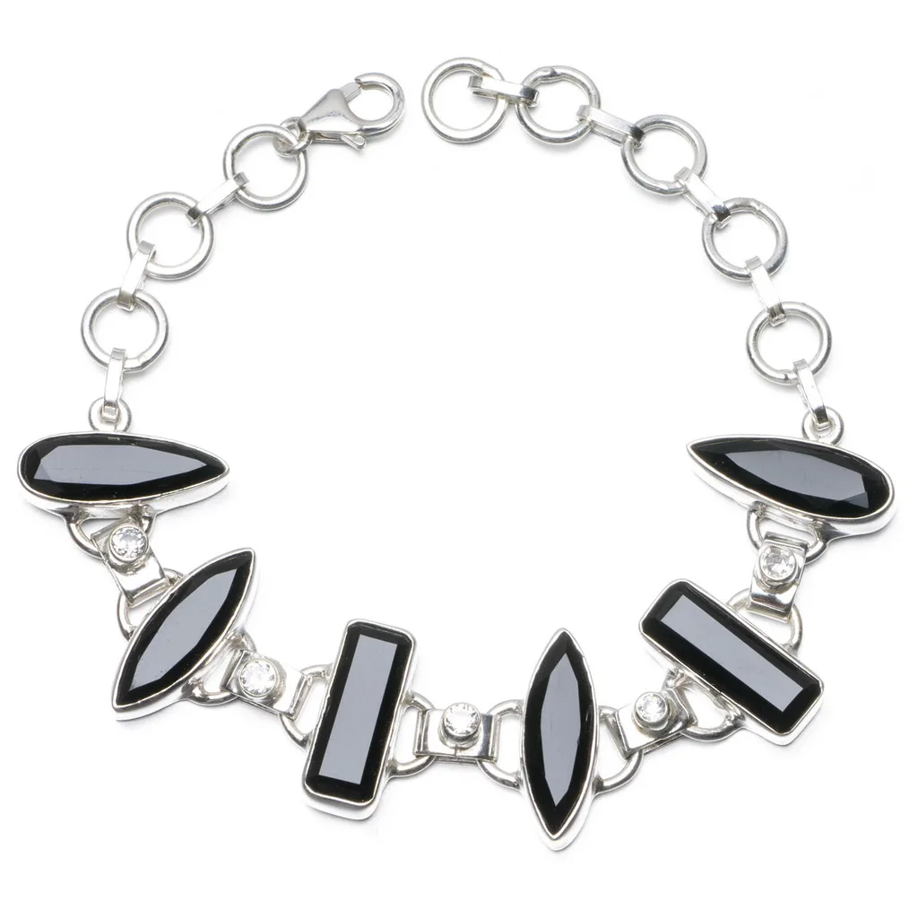 Stargems (TM) натуральный черный оникс и белый топаз 925 серебро браслет 6 7 3/4&quot|bracelet