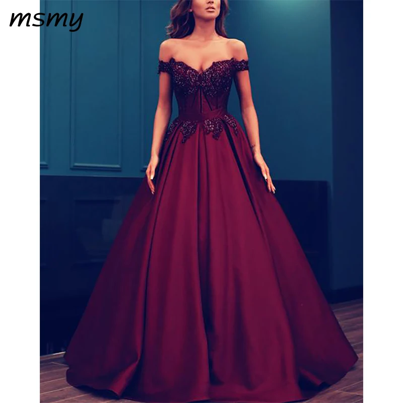 Elegant Lace Beaded Off Shoulder Satin Prom Dresses Ball Gowns=