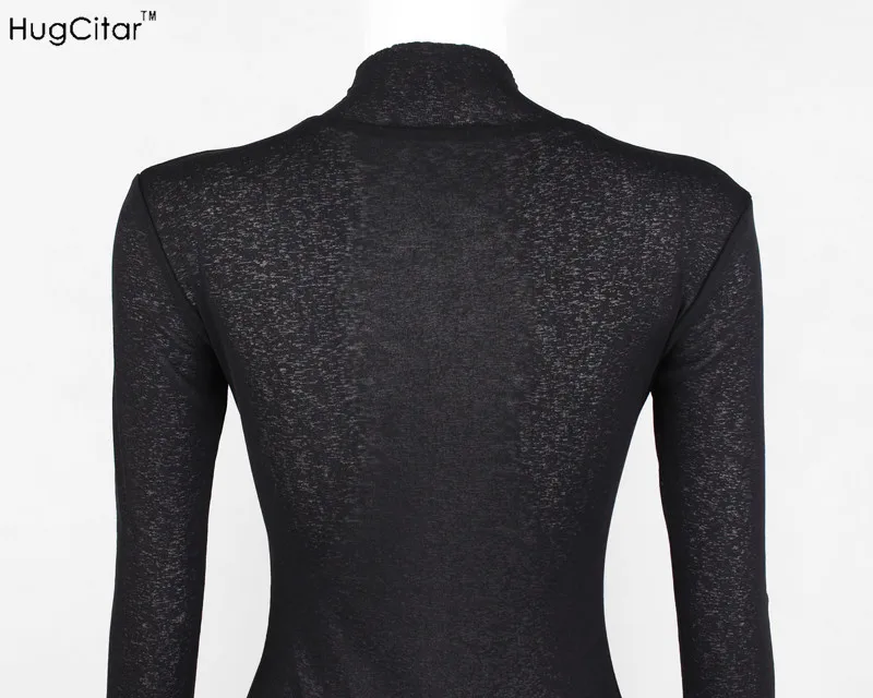 Hugcitar black solid see through mesh body suit 2019 Women Sexy Mock Neck Long Sleeve skinny Bodysuit female slim fit clothes