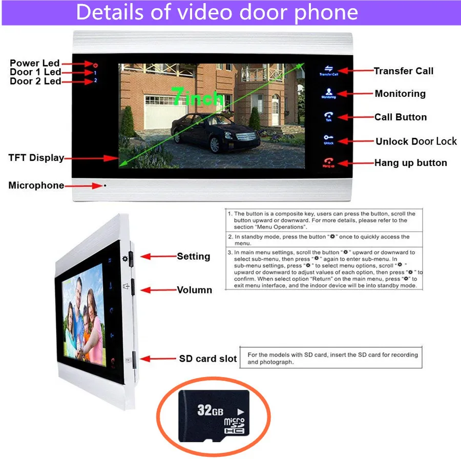 7'' TFT LCD Wired Video Door Phone Video Intercom Speakerphone System w/ waterproof Infared 1200TVL door bell camera SD Card 7'' TFT LCD Wired Video Door Phone Video Intercom Speakerphone System w/ waterproof Infared 1200TVL door bell camera SD Card