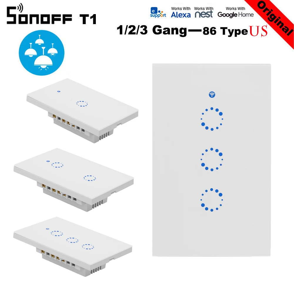 

Sonoff T1 US UK EU WiFi RF Smart Home Touch Switch , Remote Control 1/2/3 Gang 86 Type Panel , Compatible with Alexa Google Home