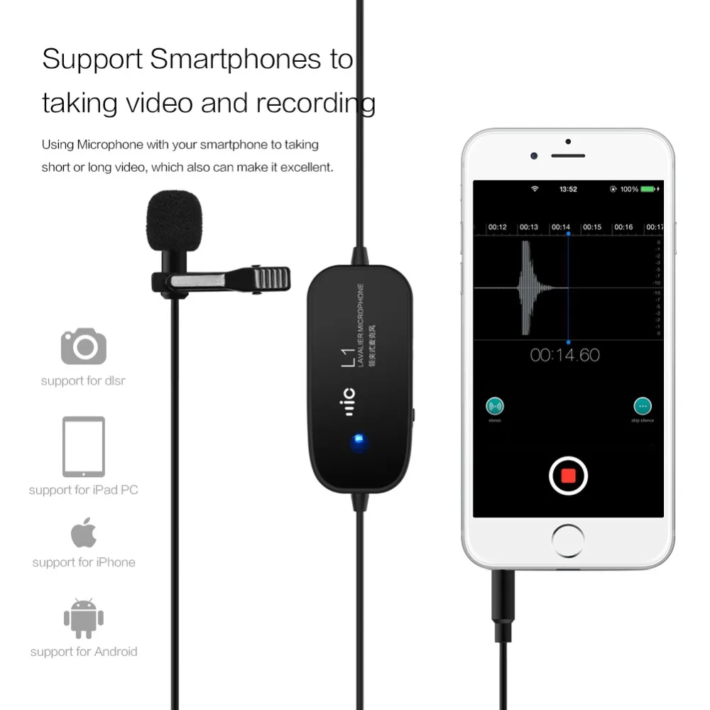 Lavalier Clip on микрофон ZhuoSheng 6 м 20 футов аудио рекордер конденсаторный для iPhone Samsung