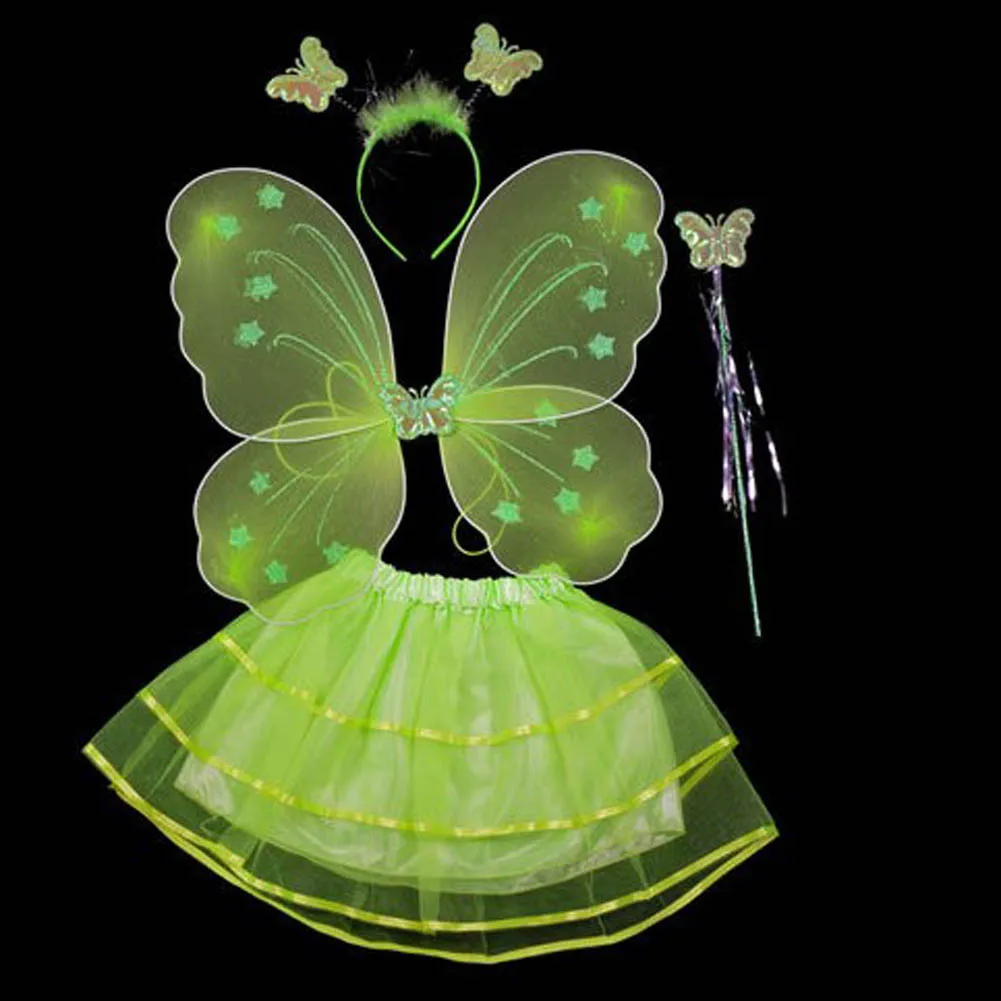 

Kids Girls Party Dresses Performance Clothes 4 Pcs Fairy Princess Kids Costume Sets Butterfly Wings Headband wand Skirt