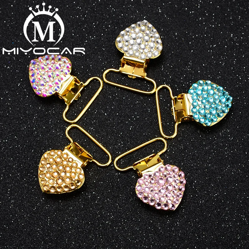 

MIYOCAR 10pcs per lot unique design bling heart gold shape safe pacifier clip dummy clip pacifier holder good qualitySP020-1