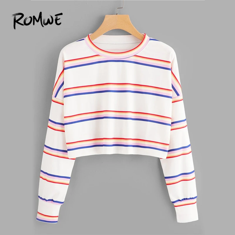 

ROMWE Drop Shoulder Striped White Tee Ladies Casual Autumn Crop Tops O-Neck Long Sleeve Woman Spring New Style T Shirt