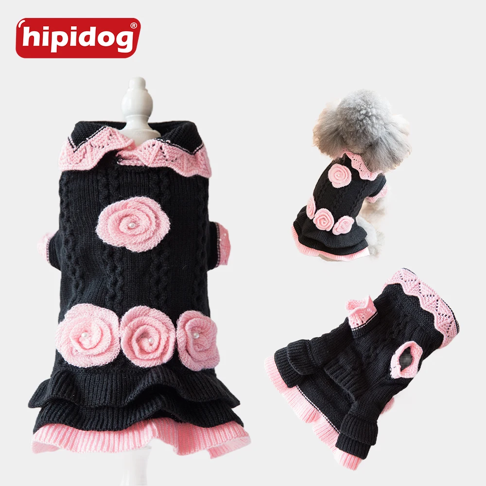 

Hipidog Autumn/Winter Fashion Pink Black Dog Sweater Princess Floral Sweaters for Small Medium Dogs Puppy Clothing Supplies