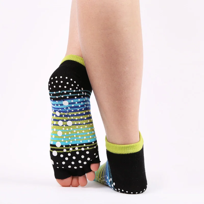 Новинка; женские носки для йоги с открытым носком; хлопковые смесовые носки; Нескользящие силиконовые носки с открытым носком; спортивные носки в полоску - Цвет: Зеленый