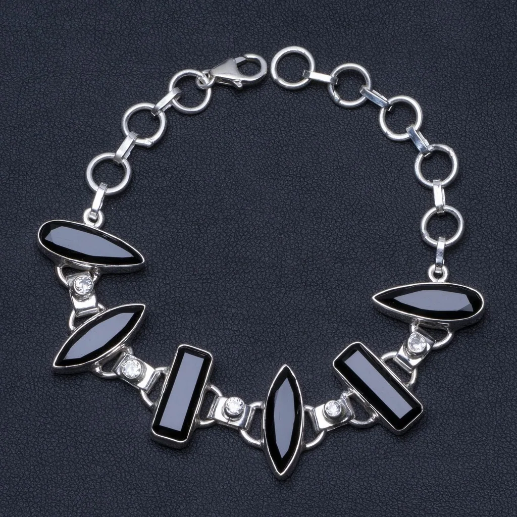Stargems (TM) натуральный черный оникс и белый топаз 925 серебро браслет 6 7 3/4&quot|bracelet