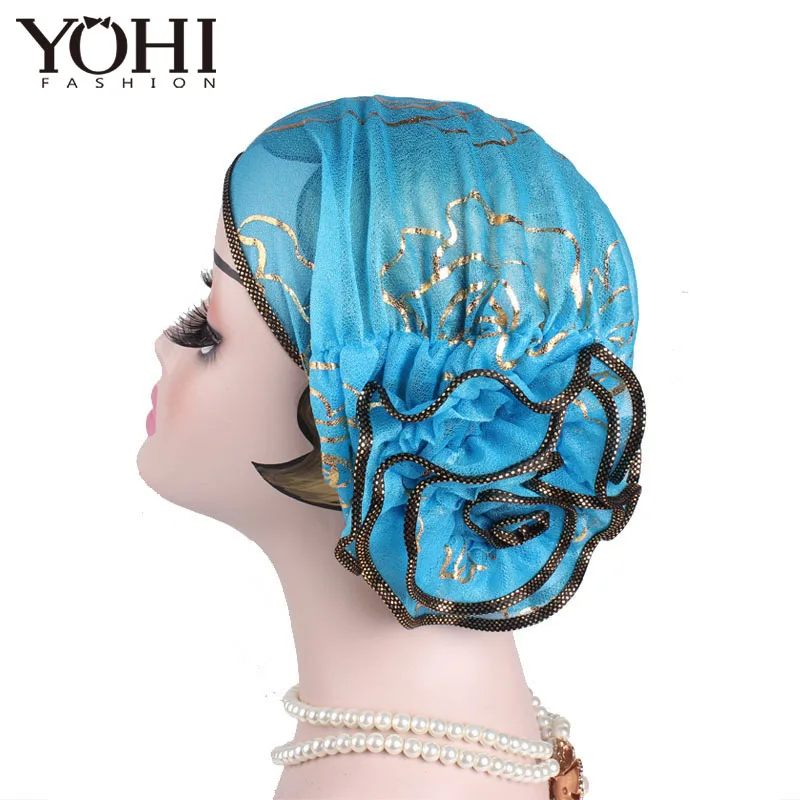 2018 Hot Sale Women Elegant king Flower Elastic Mesh Turban Chemo Cap Beanie Head Wrap Head Muslim Scarf