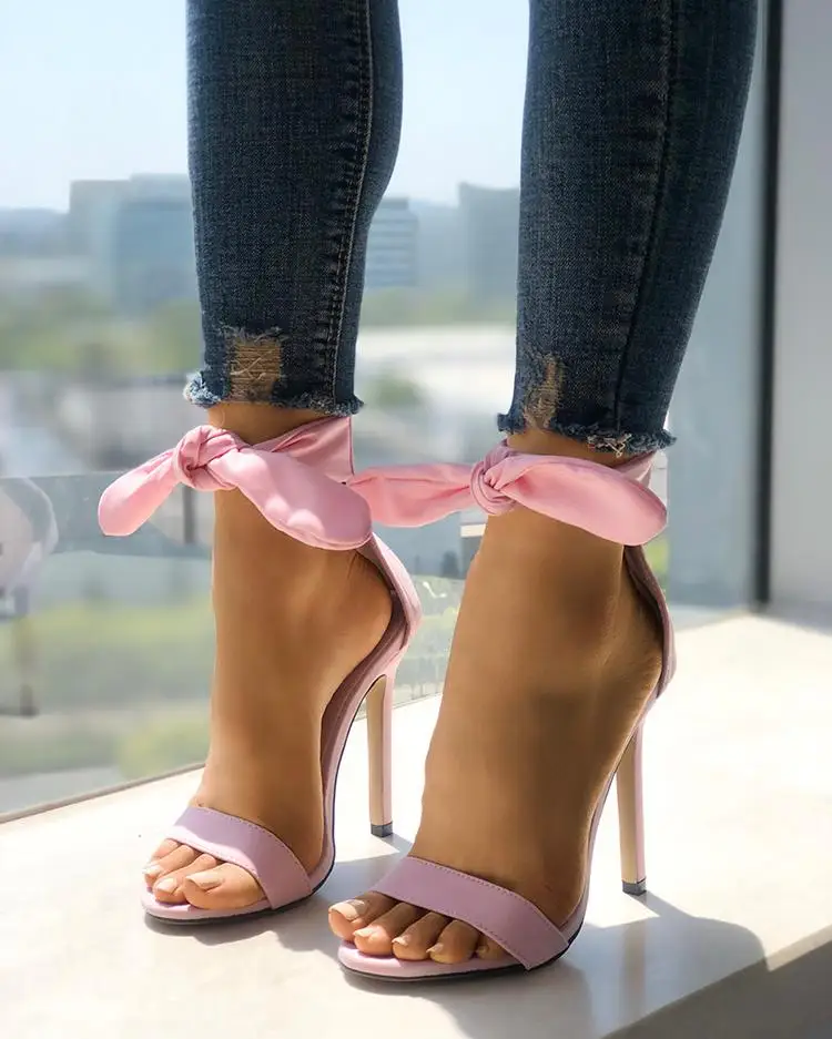

Pink Color Sandals Gladiator Women Peep Toe Thick Strap Ankle Tie Stiletto Sandals Mujer Thin High Heels Shoes For Wedding Party