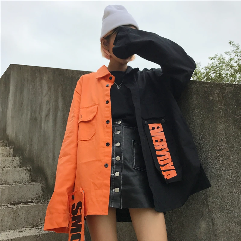 

2019 Harajuku Denim Jacket Women Patch Letter Print Jeans Jacket Coat Woman Color Block Loose Streetwear Overcoat