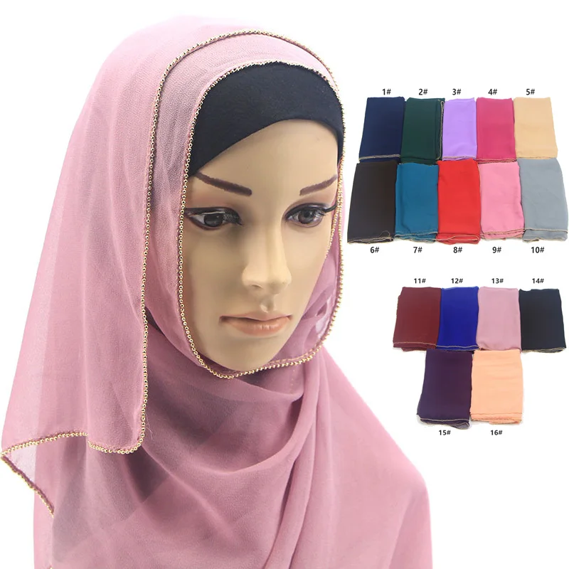

Wholesale 10pcs/lots Women Thin Breathable Chiffon Muslim Hijab Scarf Beads Border Shawls Head Cover Wraps Female Hijabs Scarves