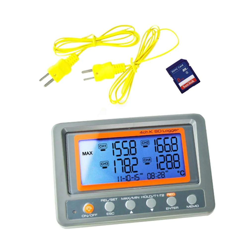 US $107.79 88598 Digital 4 Channel KType Thermocouple Thermometer 3282498 degree CF SD Card Wallmount Data Logger LED Alarm