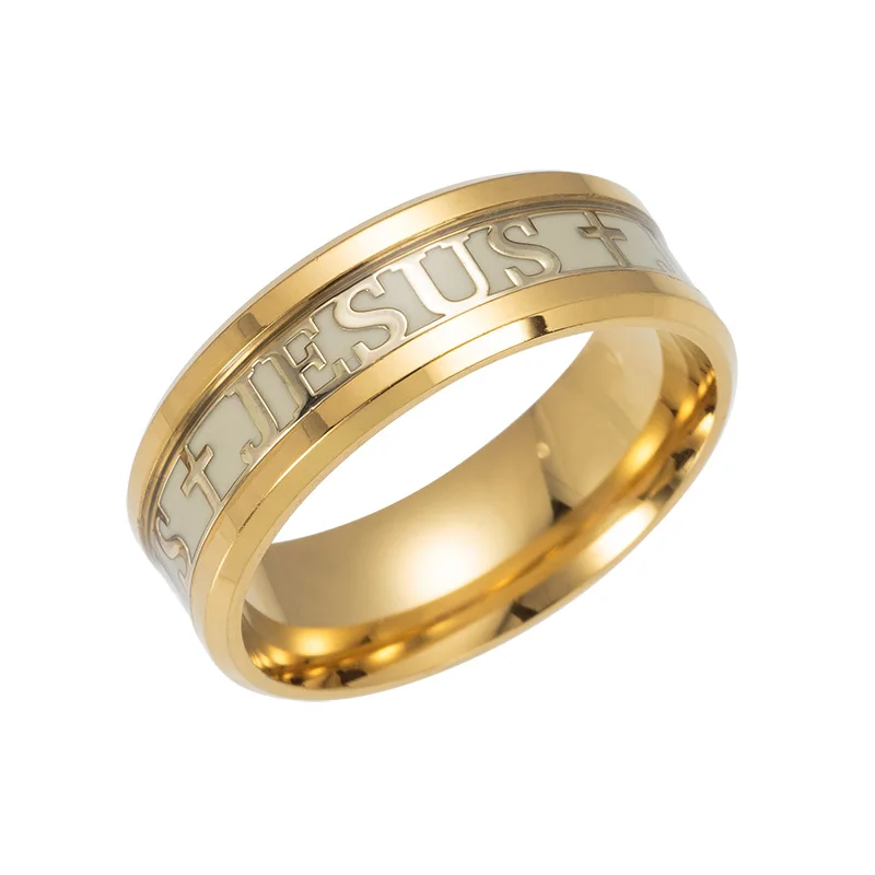Модное светящееся кольцо с надписью «JESUS», мужское кольцо из нержавеющей стали, 4 цвета, светится в темноте, обручальные кольца для женщин, bague femme - Цвет основного камня: Gold