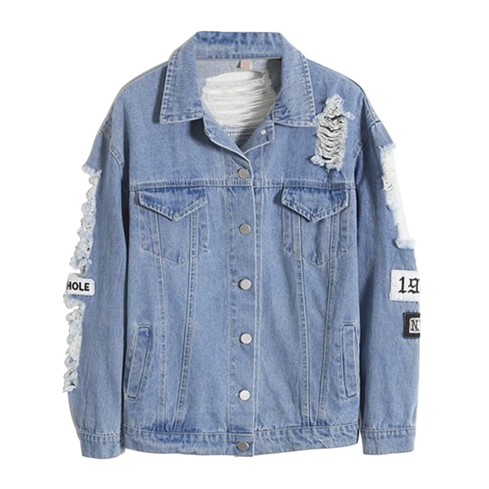 Fashion Frayed Long Sleeve Letter Print Patch Denim font b Jacket b font font b Women