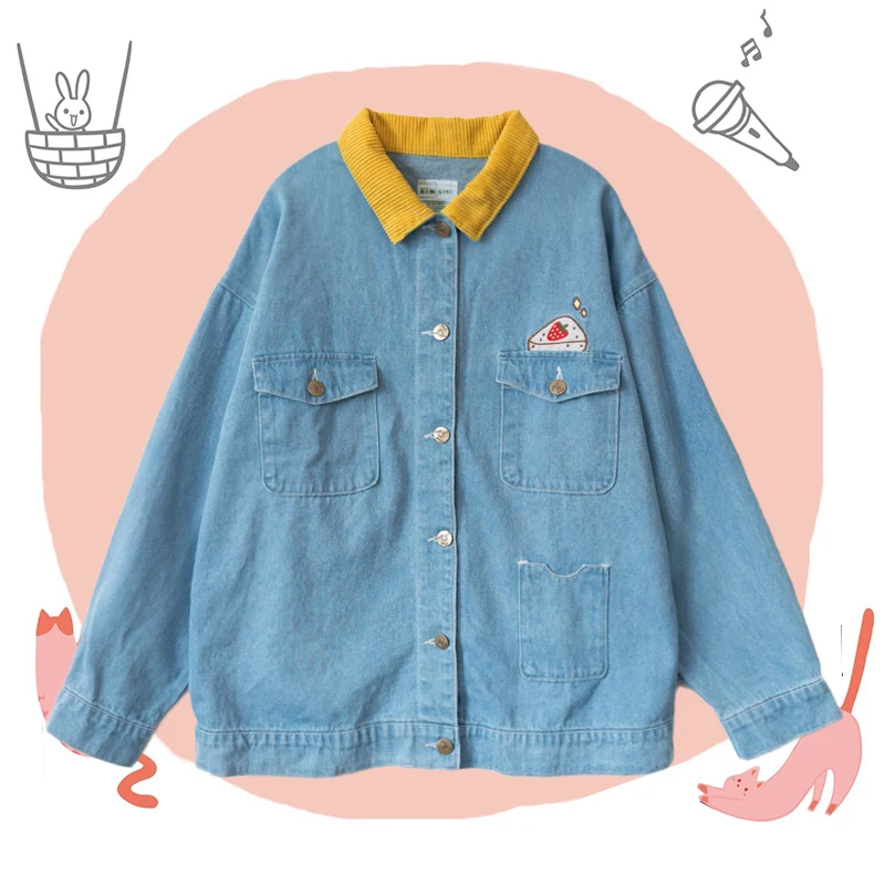 

2019 New Strawberry Cake Patch Embroidery Cute Turn Down Collar Oversized Long Sleeve Denim Jacket
