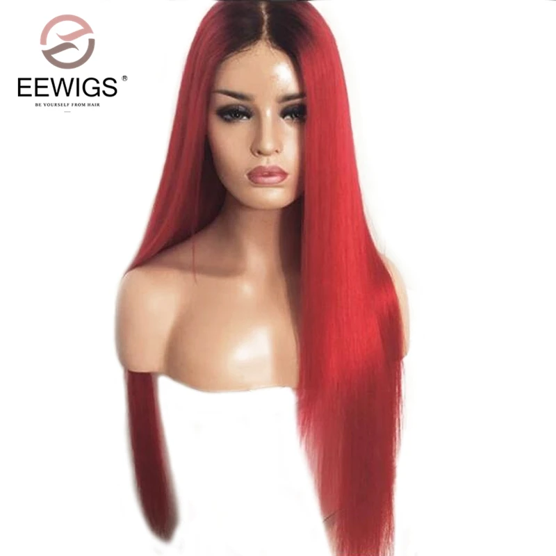 

EEWIGS 26inch Straight Synthetic Lace Front Wig With Dark Root 180% Density Heat Resistant Hair Ombre Red Wigs For Black Women